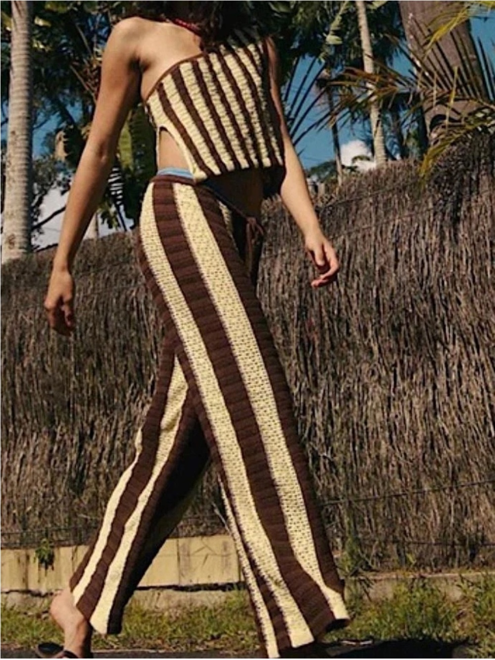 Free People Free-est Joan Fauxchet Crochet Top/Pants Set M Brown Stripe